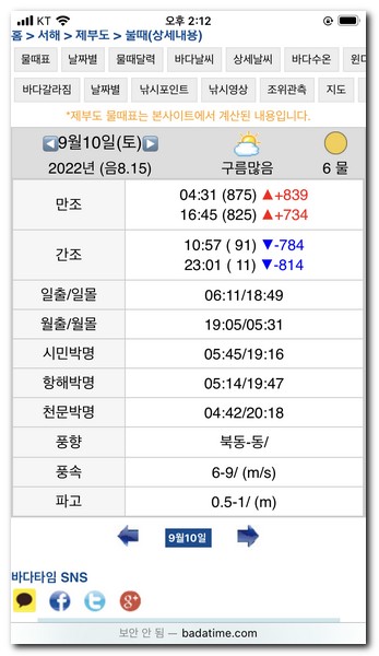 바다타임 물때시간표