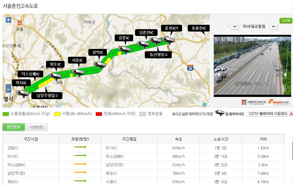 서울 춘천 고속도로 교통상황 CCTV 교통정보 실시간 보기